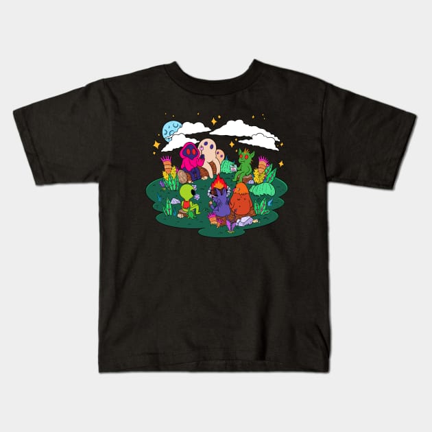 Cryptid Camping Kids T-Shirt by ghoulshack